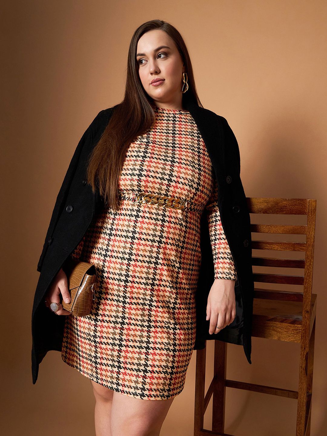 SASSAFRAS Curve Embellished Checked Sheath Dress