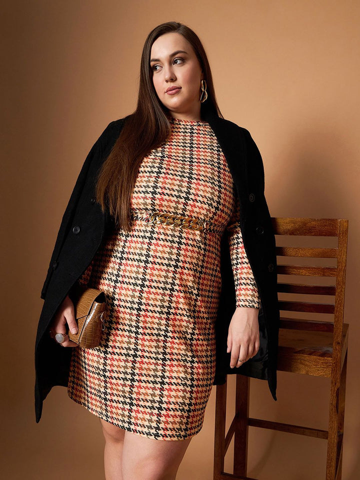 SASSAFRAS Curve Embellished Checked Sheath Dress