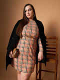 SASSAFRAS Curve Embellished Checked Sheath Dress