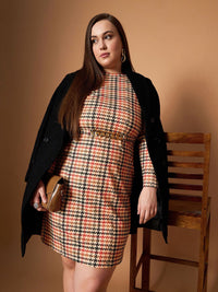 SASSAFRAS Curve Embellished Checked Sheath Dress