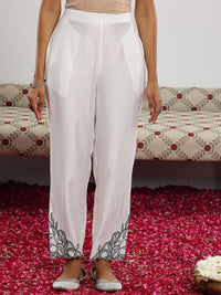 Libas White Floral Embroidered Thread Work Panelled A-Line Kurta with Trouser & Dupatta