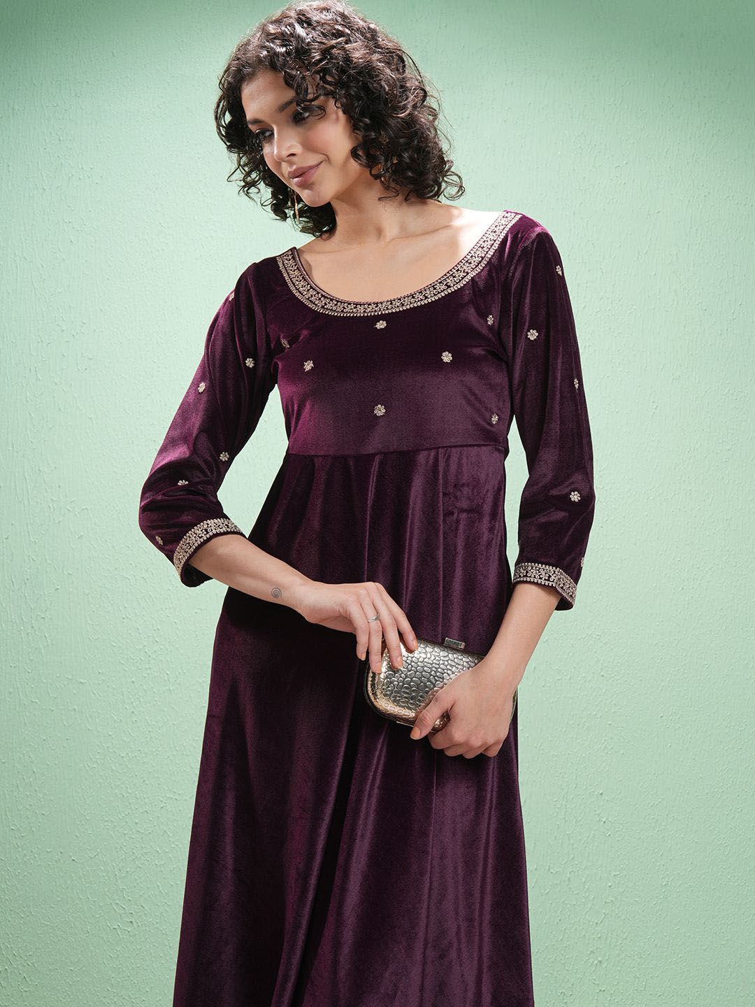 Vishudh Floral Yoke Design Zari Velvet A-Line Kurta With Trouser