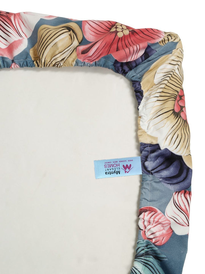 Myntra Elegant Blue Floral Printed Fitted 300 TC King 7D Bedsheet With 2 Pillow Covers
