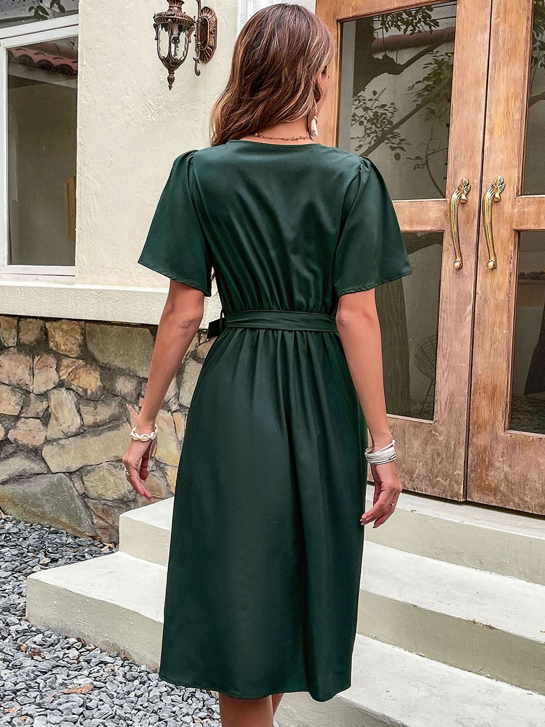 DressBerry Button Detailing Flared Sleeves Midi Wrap Dress with Belt