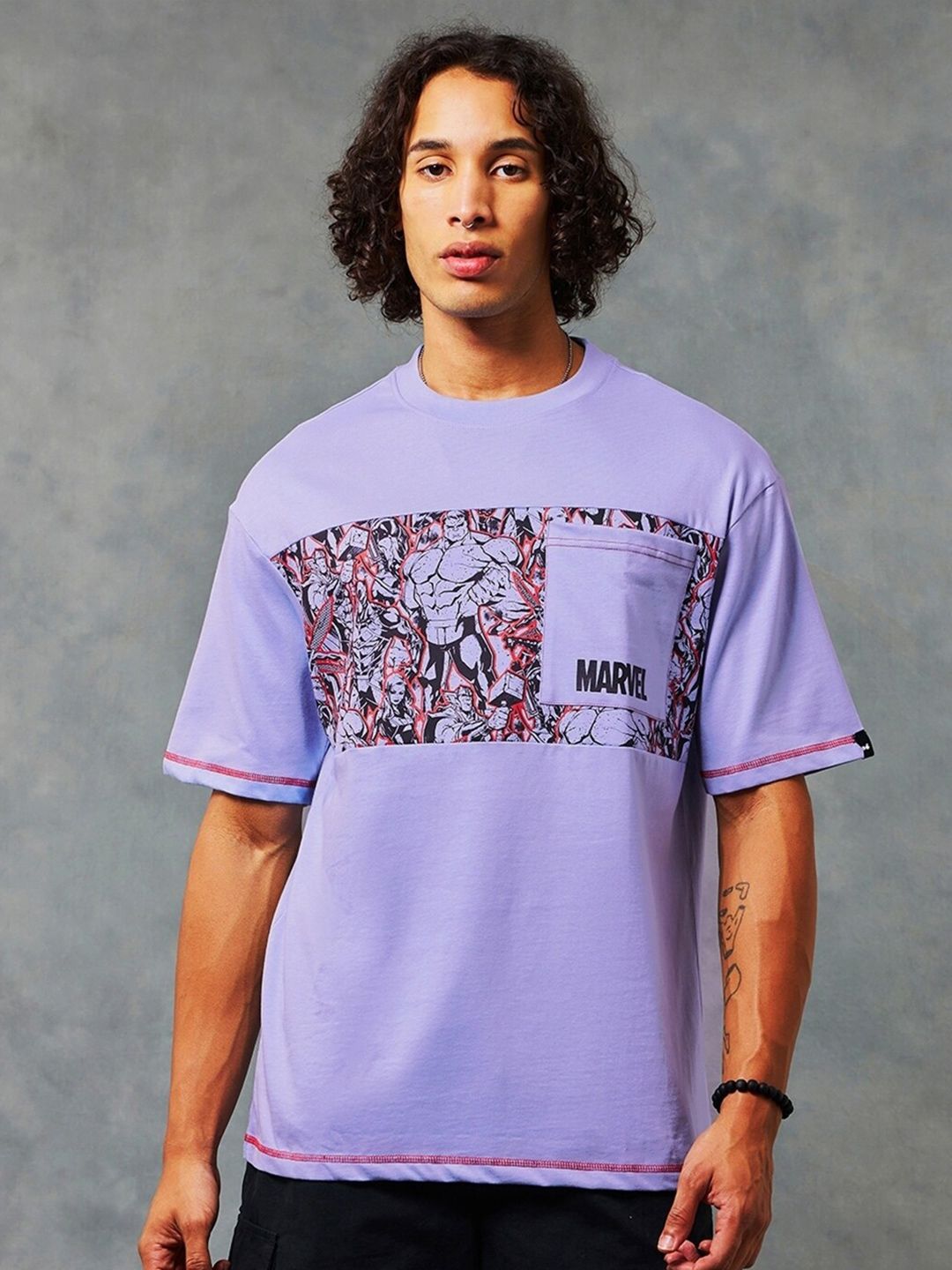 Bewakoof Marvel Printed Drop-Shoulder Sleeves Sleeves Oversized Cotton T-shirt