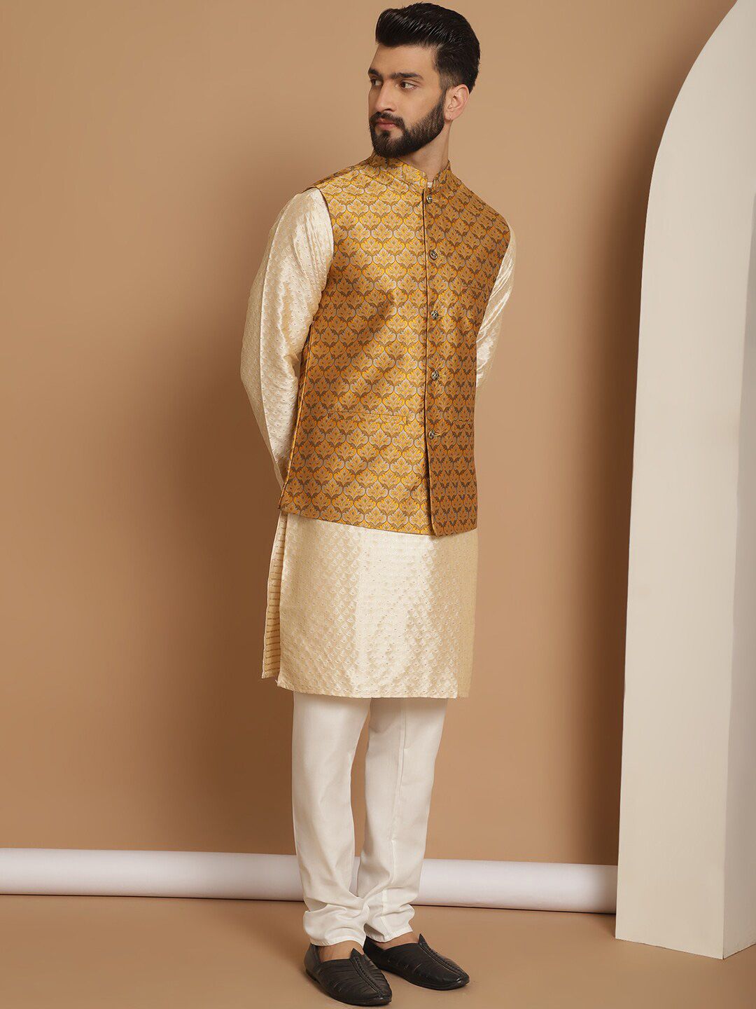 Anouk Ethnic Motifs Embroidered Regular Kurta with Churidar & Nehru Jacket