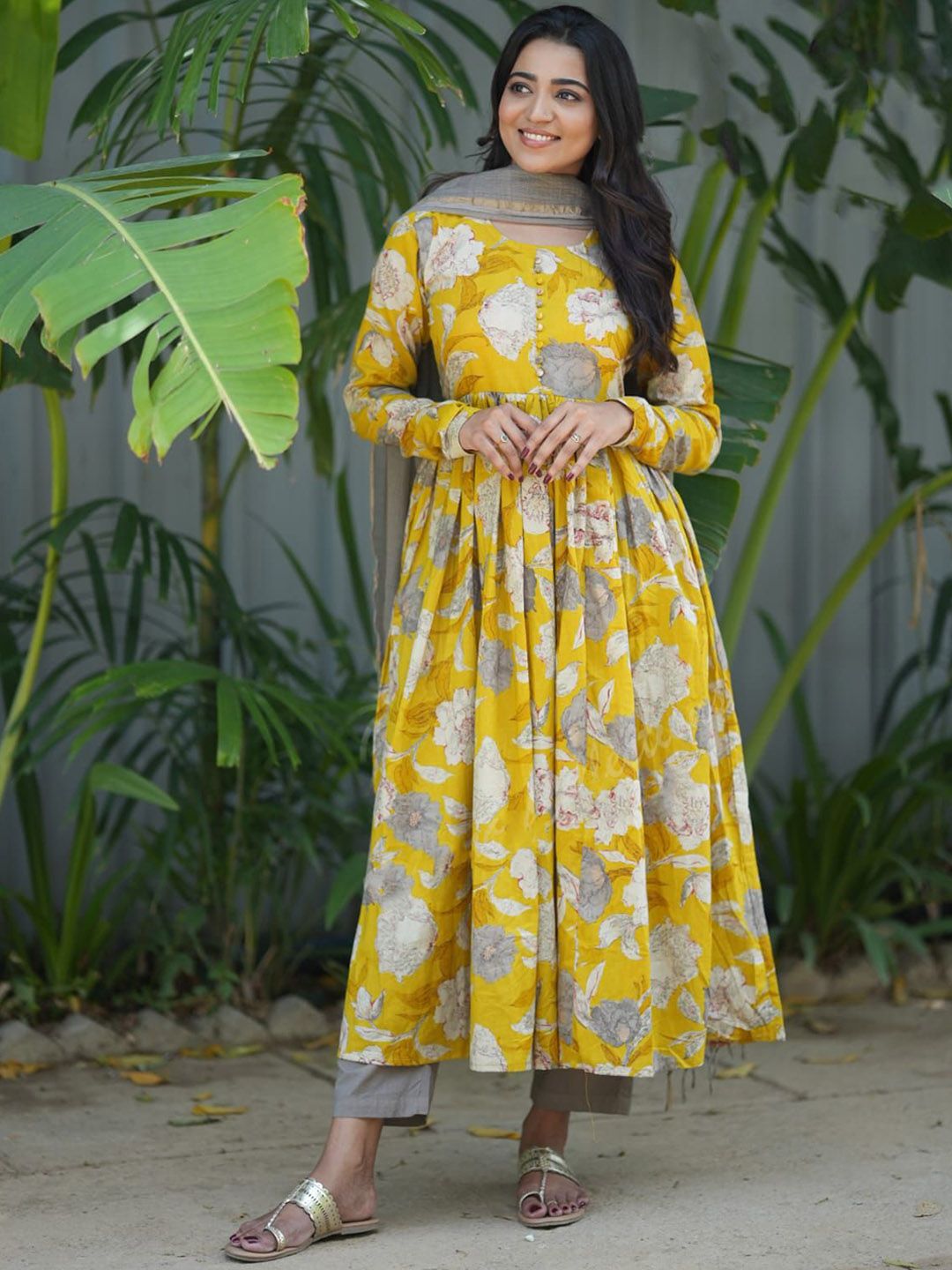KALINI Floral Printed Anarkali Kurta with Trousers & Dupatta