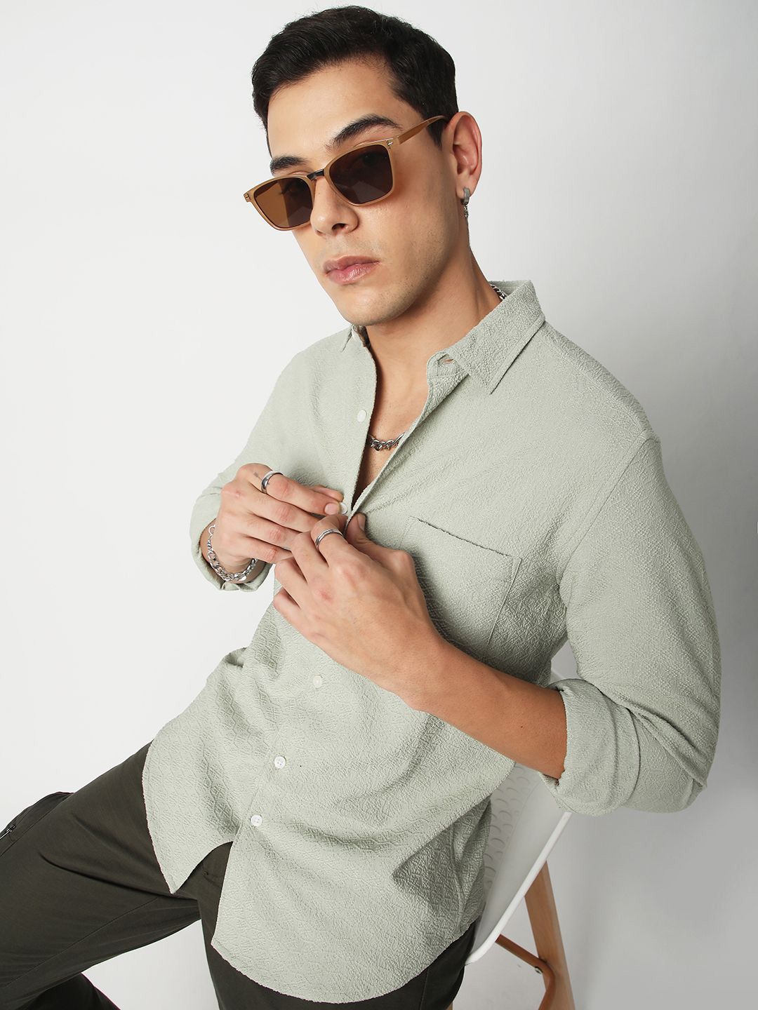 VASTRADO Men Classic Cutaway Collar Textured Slim Fit Casual Shirt