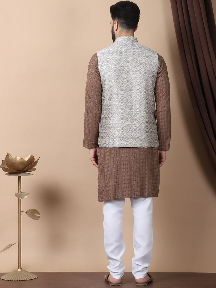 Anouk Brown Floral Embroidered Sequinned Pure Cotton Kurta with Churidar & Nehru Jacket