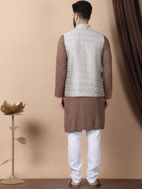 Anouk Brown Floral Embroidered Sequinned Pure Cotton Kurta with Churidar & Nehru Jacket