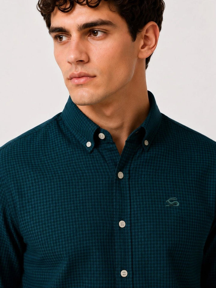 ADRO Men Teal Blue Mini Checked Regular Fit Casual Cotton Shirt