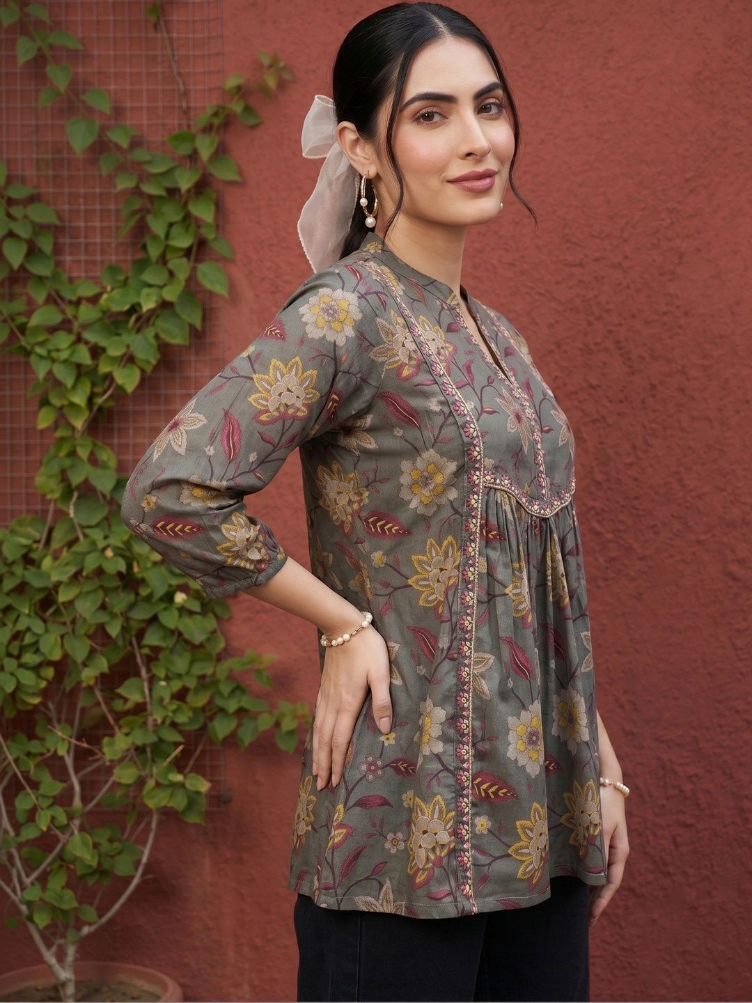 Atasan Kapas Lengan Puff Kolar Mandarin Mamicha Floral Print