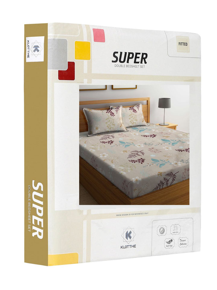 KLOTTHE Grey Floral Cotton 300 TC Fitted King Superfine Bedsheet dengan 2 Sarung Bantal-98 x 89 inci