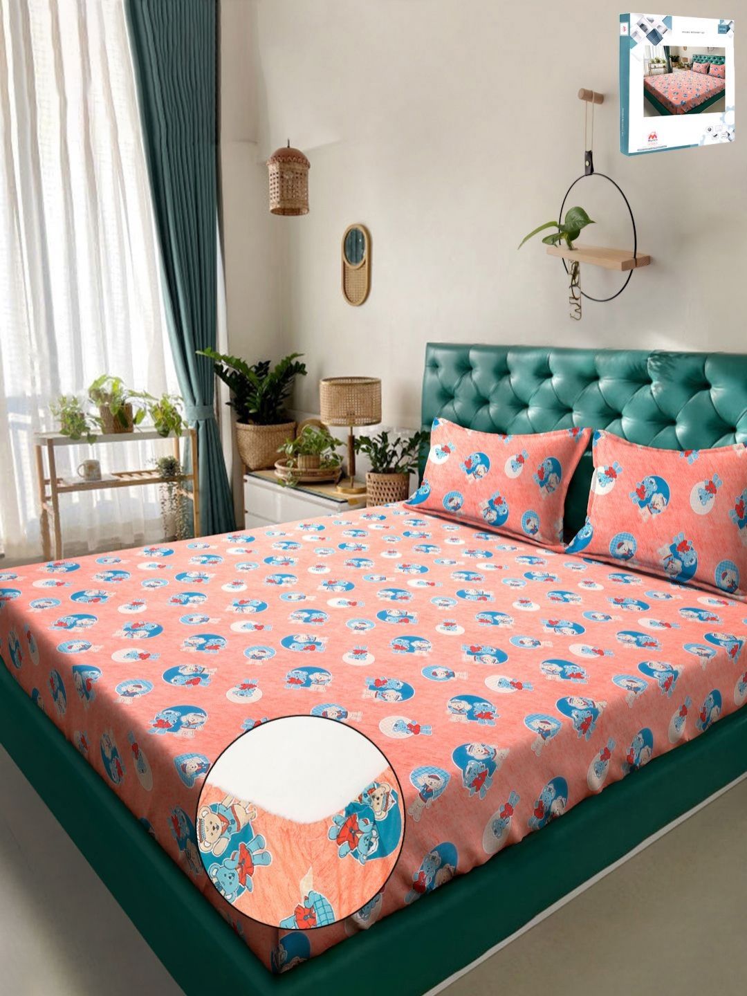 Buku Myntra Elegant Homes Lipat Kapas Perbualan Jingga 400 TC Cadar King Halus Dipasang dengan Sarung Bantal-98 x 89 inci