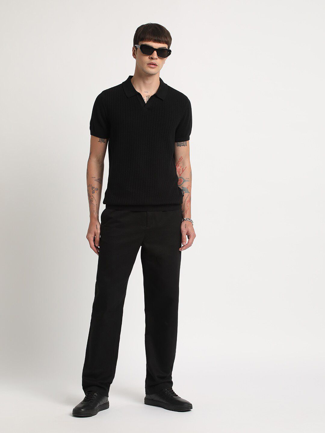 THE BEAR HOUSE Self Design Regular Fit Polo Collar Cotton T-shirt