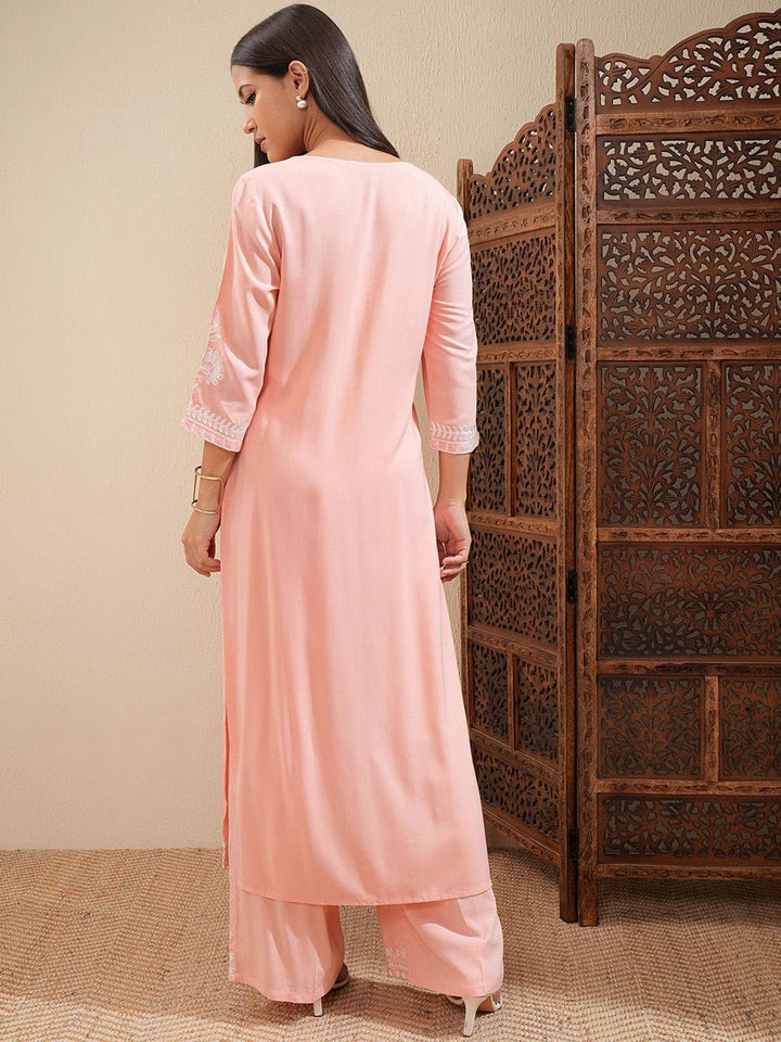 Vishudh Peach-Coloured Floral Embroidered Thread Work Straight Kurta With Palazzos