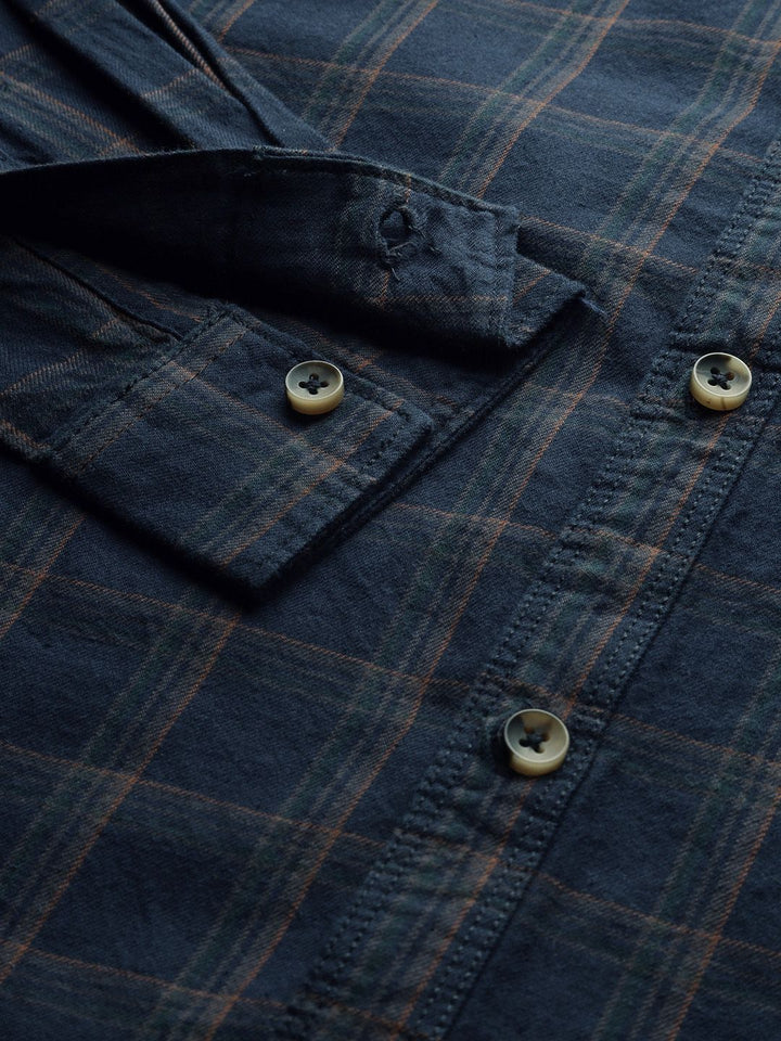 The Indian Garage Co Men Navy Blue & Brown Slim Fit Checked Casual Shirt