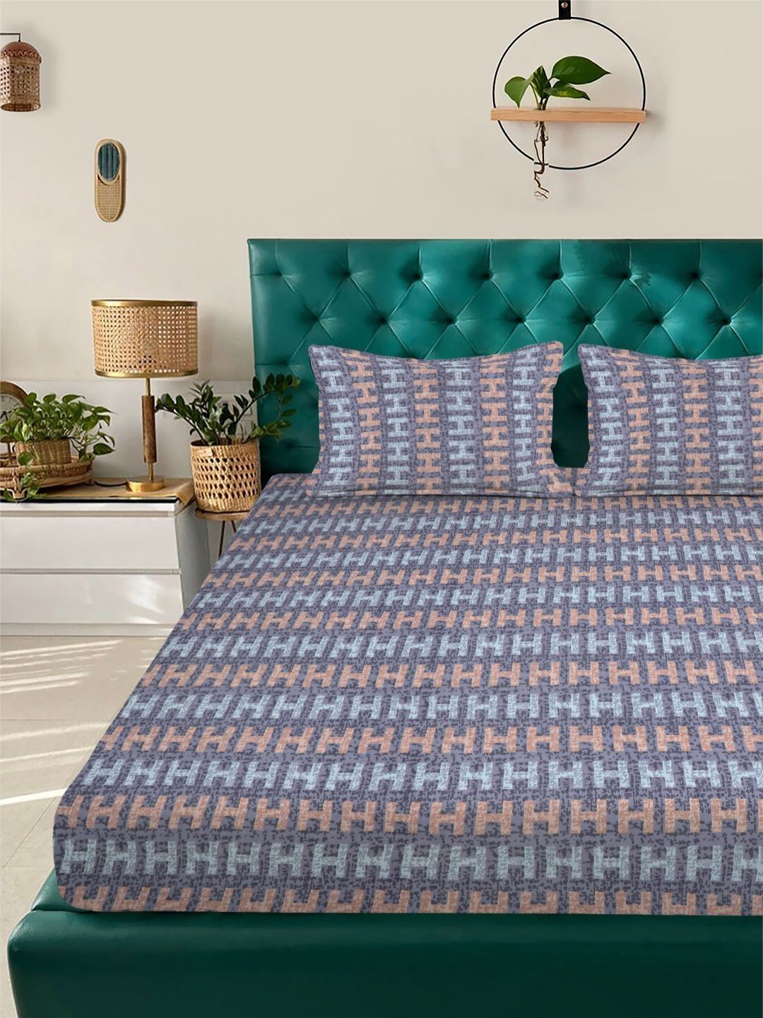 Myntra Elegant Homes Ungu & Biru Bercetak Set Cadar King 300 TC 2.5 m x 2.25 m