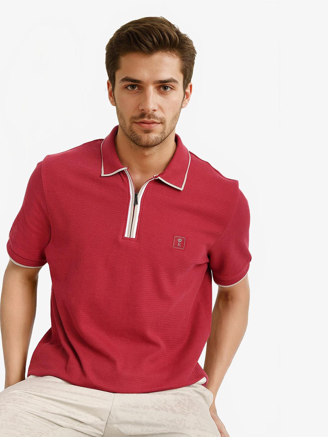 RARE RABBIT Men Solid Pure Cotton Polo Collar T-shirt