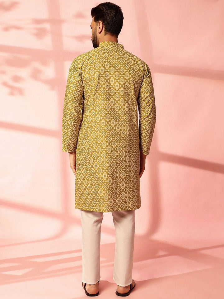 Anouk Floral Printed Mandarin Collar Straight Cotton Linen Kurta
