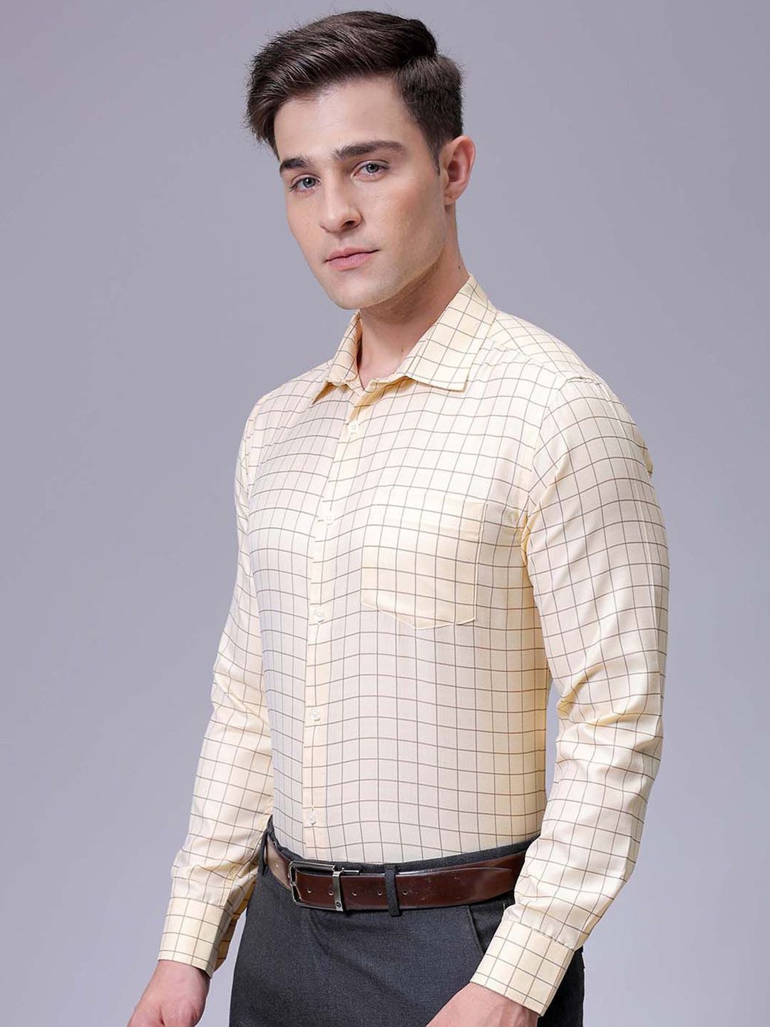 The Indian Garage Co. X Luxe Men Slim Fit Cutaway Collar Grid Tattersall Checked Formal Shirt