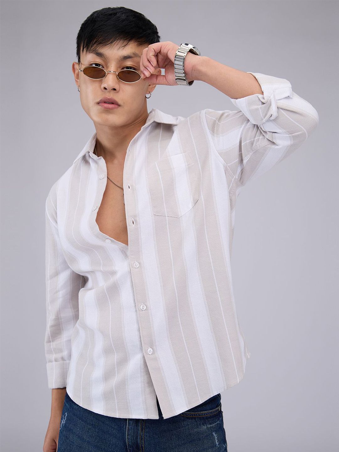 VASTRADO Men Classic Cutaway Collar Vertical Striped Cotton Slim Fit Casual Shirt