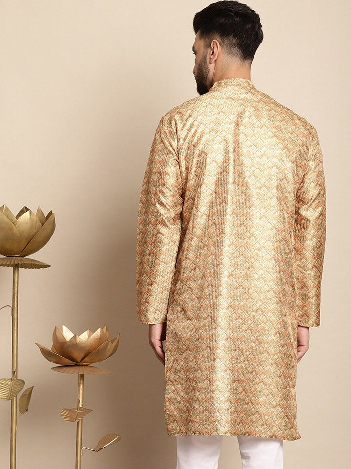 Anouk Ethnic Motifs Printed Band Collar Sequins Detail Silk Cotton Straight Kurta