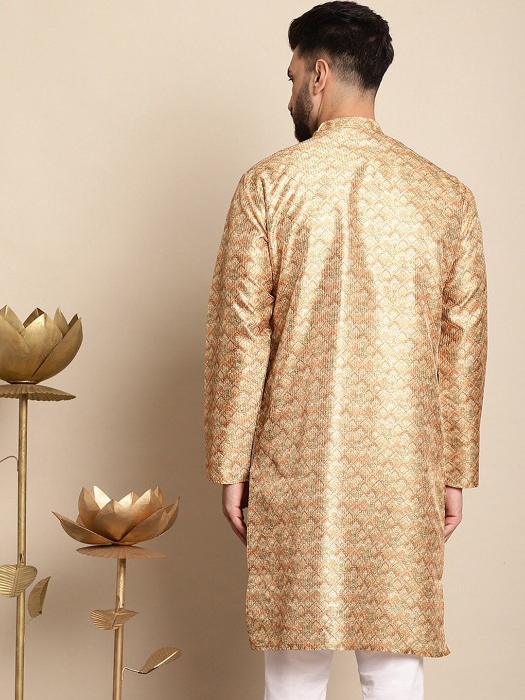 Anouk Ethnic Motifs Printed Band Collar Sequins Detail Silk Cotton Straight Kurta