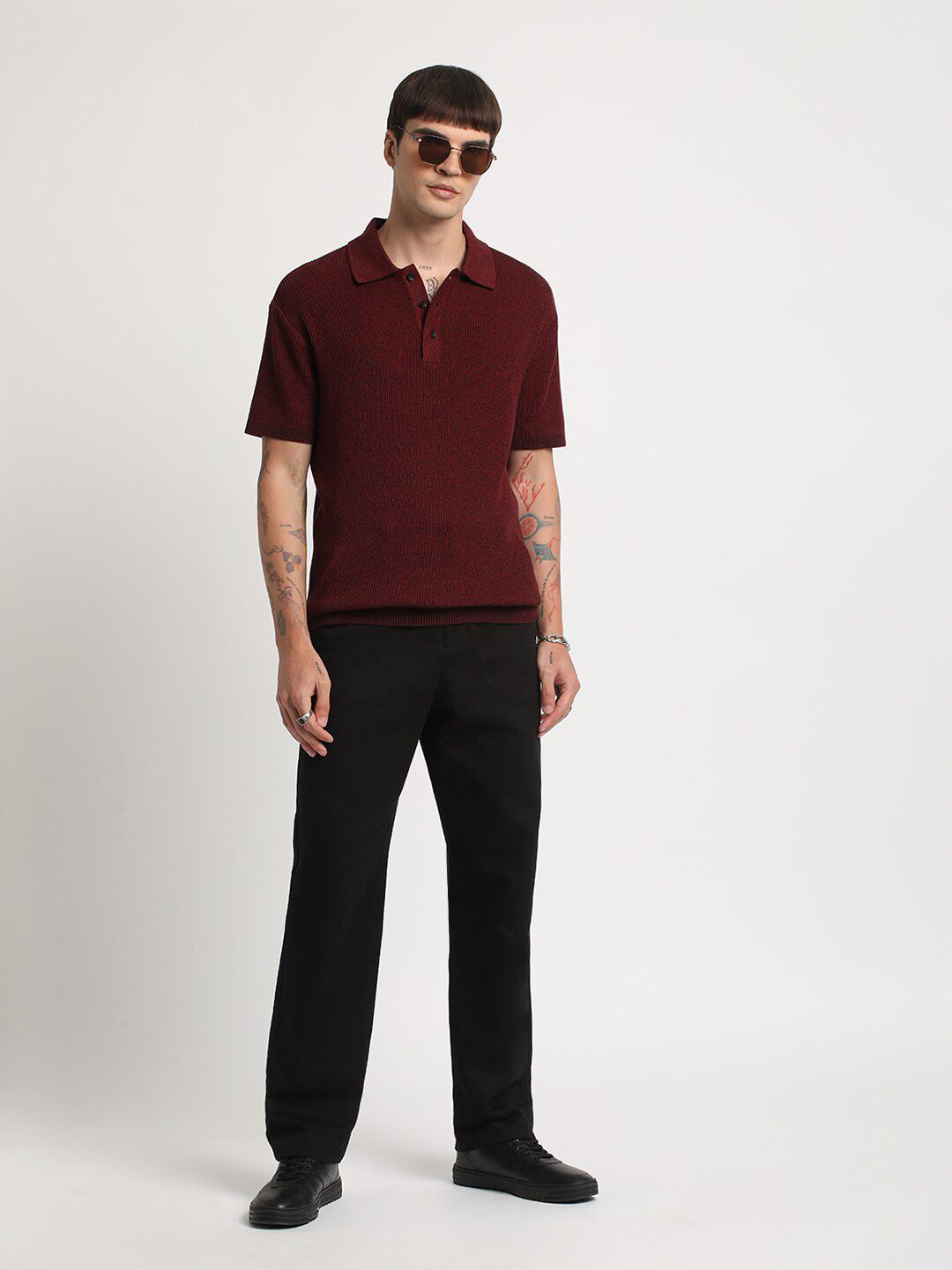 THE BEAR HOUSE Self Design Regular Fit Cotton Polo Collar T-shirt