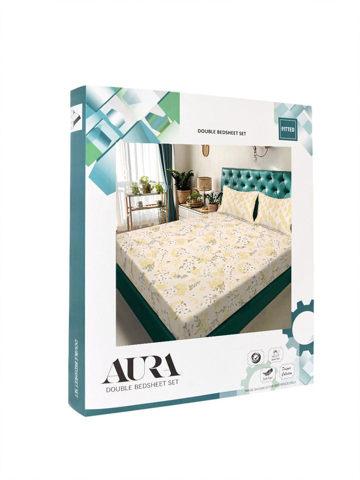 Aura Yellow & White Floral Printed 300 TC Fitted King Bedsheet Set 2.5 x 2.25 m