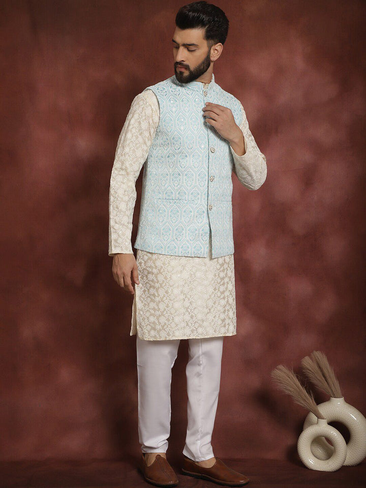 Anouk Floral Embroidered Mandarin Collar Thread Work Kurta & Churidar With Nehru Jacket