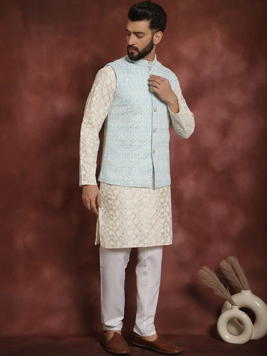 Anouk Floral Embroidered Mandarin Collar Thread Work Kurta & Churidar With Nehru Jacket