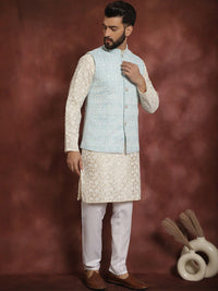 Anouk Floral Embroidered Mandarin Collar Thread Work Kurta & Churidar With Nehru Jacket