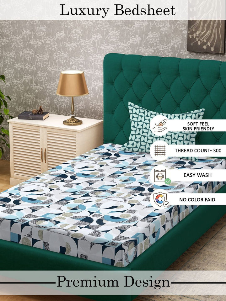 Myntra Elegant Homes White Geometric 300 TC Cadar Katil Single dengan 1 Sarung Bantal