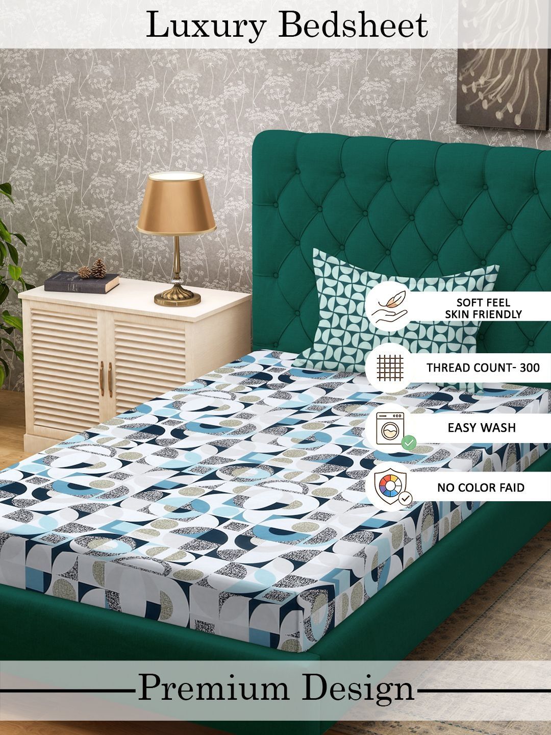 Myntra Elegant Homes White Geometric 300 TC Cadar Katil Single dengan 1 Sarung Bantal