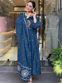 KALINI Floral Embroidered Pleated Mirror Work Anarkali Kurta With Trousers & Dupatta