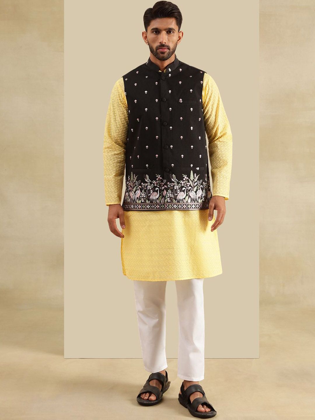 SOJANYA Kurta Lurus Sulam Geometrik Chikankari Kapas Tulen Dengan Piyama & Jaket
