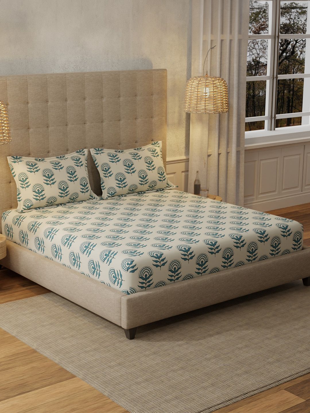 URBAN SPACE Florabell 200 TC Floral King Fitted Bedsheet