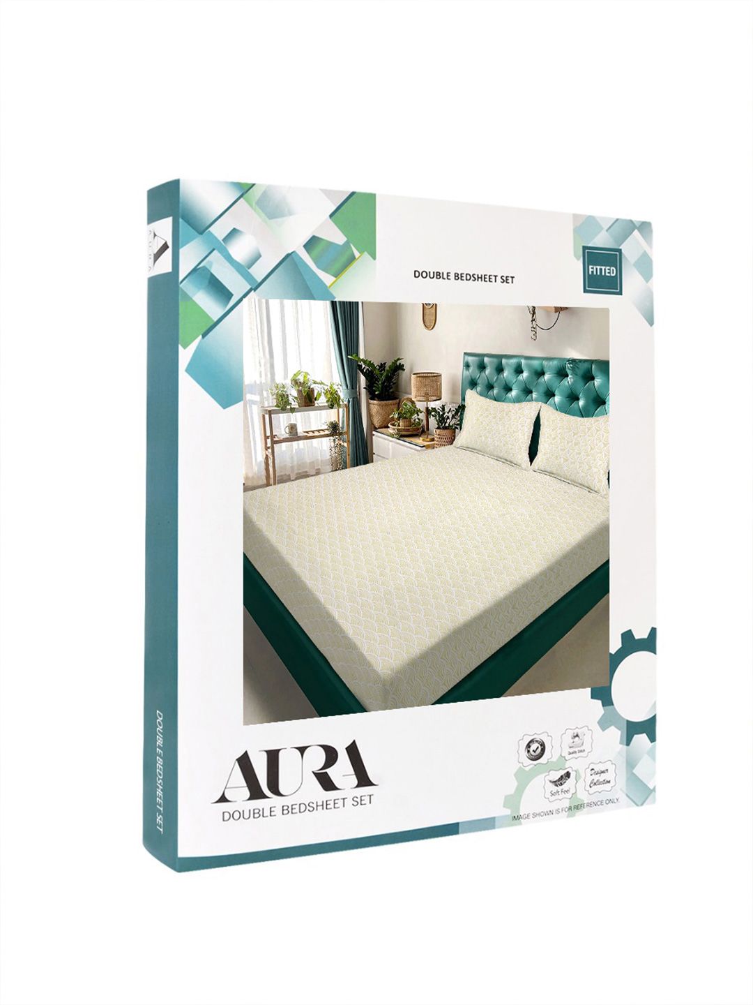 Aura Beige & White Geometric Printed 300 TC Fitted King Bedsheet Set 2.5 x 2.25 m