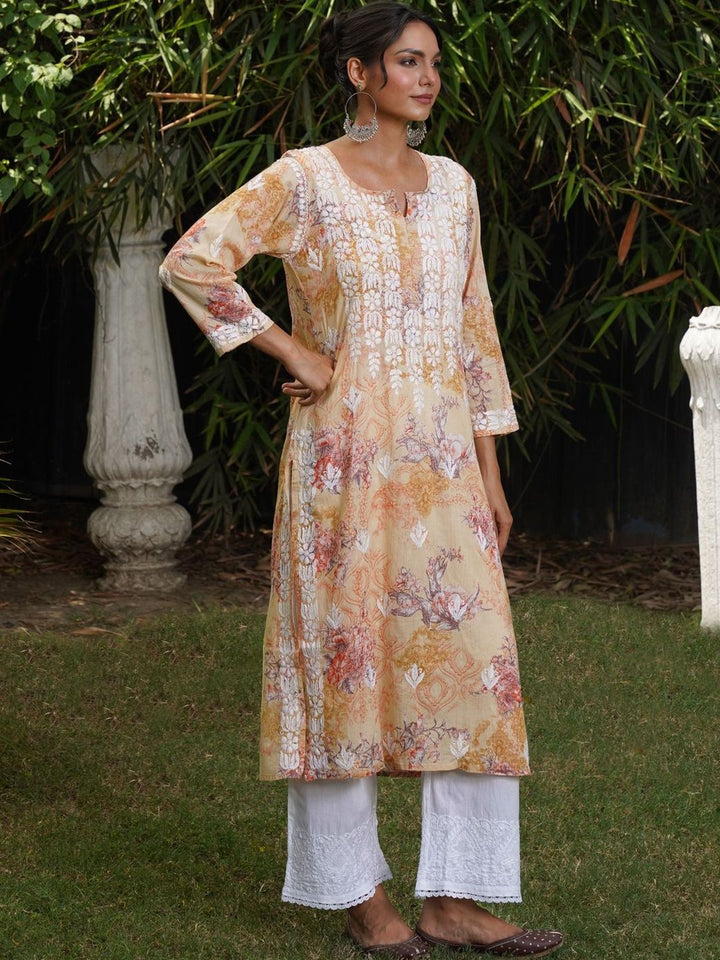 House of Chikankari Women Floral Printed Chikankari Indie Florals Kurta