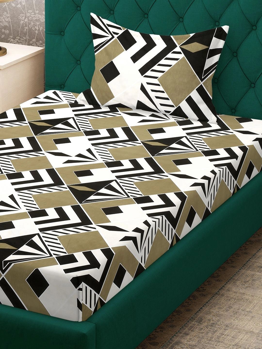 Myntra Elegant Homes White & Beige Geometric 300 TC Single Bedsheet with 1 Pillow Covers
