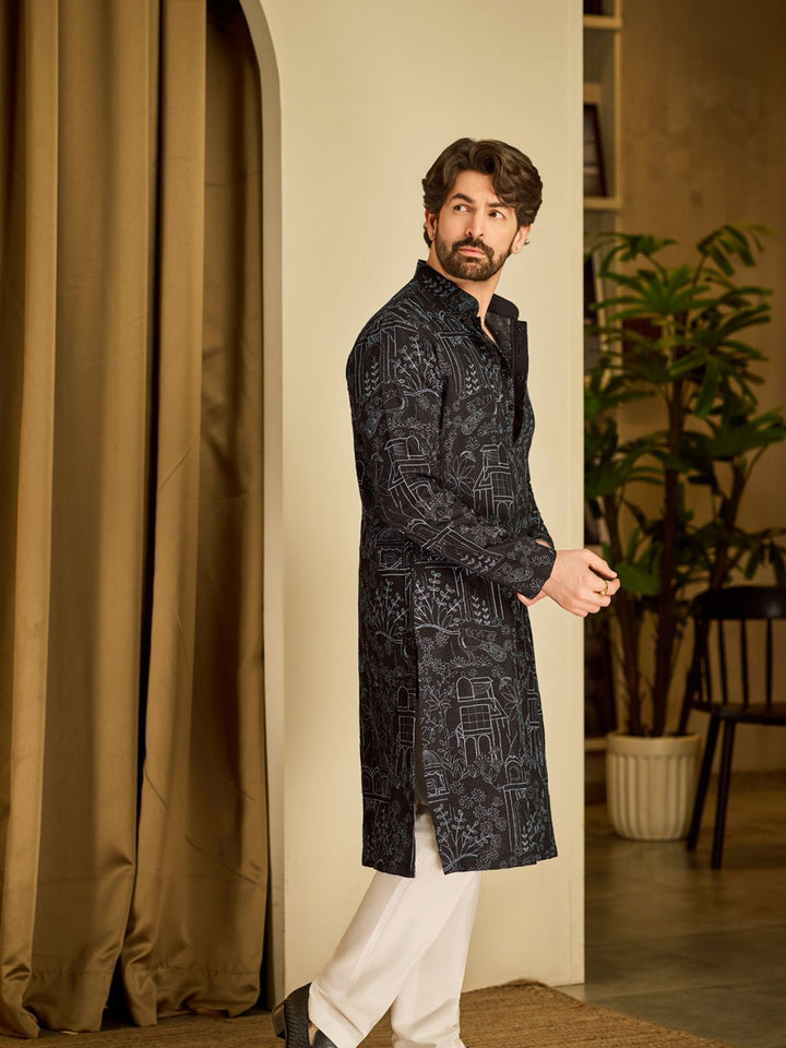 SOJANYA Motif Etnik Bersulam Benang Kolar Mandarin Bekerja Kurta Lurus