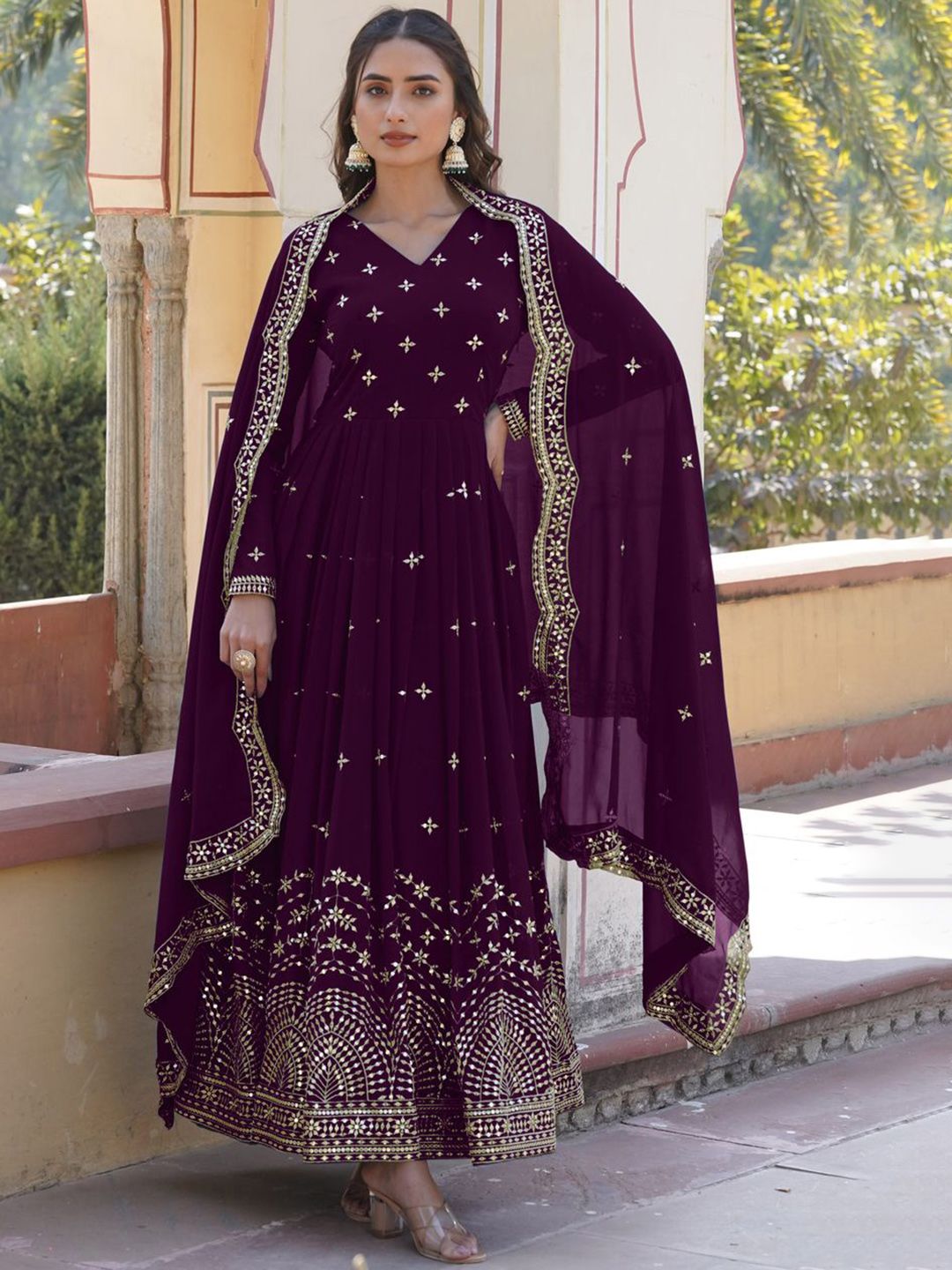 KALINI Floral Embroidered V Neck Gotta Patti Work Georgette Anarkali Kurta With Dupatta