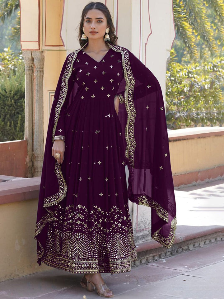 KALINI Floral Embroidered V Neck Gotta Patti Work Georgette Anarkali Kurta With Dupatta