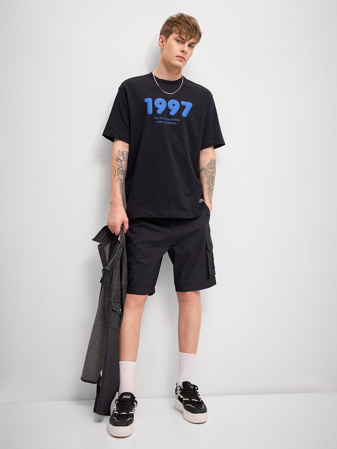 THE BEAR HOUSE Men Typography Printed Round Neck Pure Cotton Oversized T-Shirt