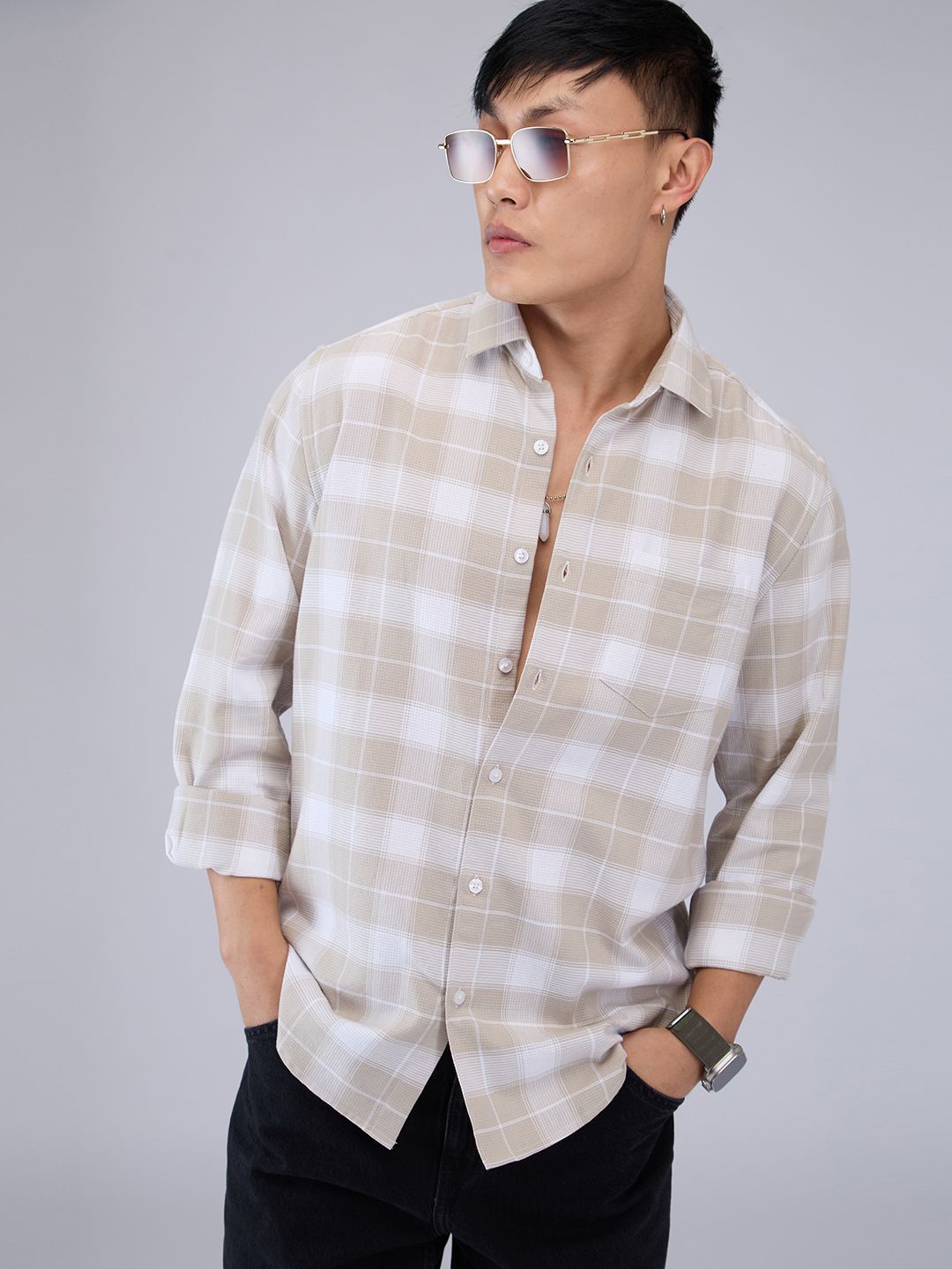 VASTRADO Men Classic Cutaway Collar Tartan Checked Cotton Slim Fit Casual Shirt