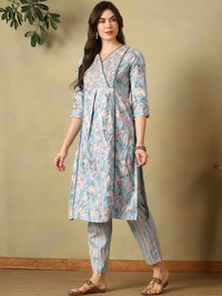 Mamicha Women Floral Printed Angrakha Thread Work Pure Cotton Kurta with Trousers & With Dupatta