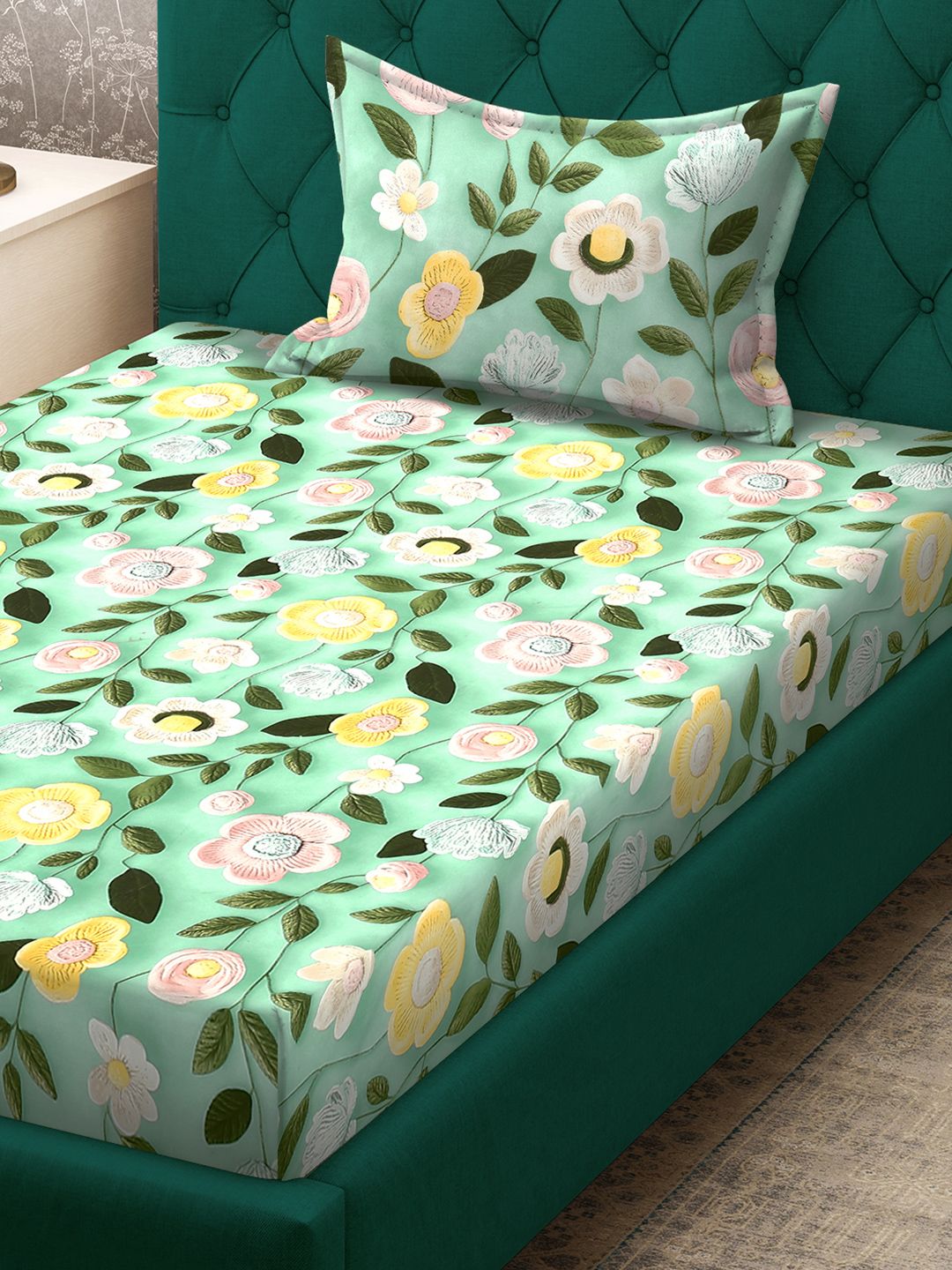 KLOTTHE Green & Pink Floral Printed Flat 300 TC Single Cadar 7D Dengan Sarung Bantal