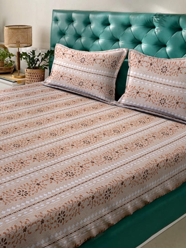 KLOTTHE Beige & Orange Floral Printed 400 TC Cotton King Bedsheet Set 2.50 m x 2.25 m