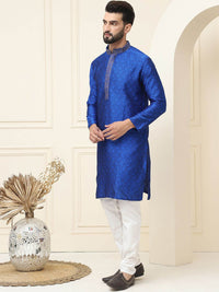 SOJANYA Paisley Woven Design Mandarin Collar Silk Cotton Straight Kurta with Pyjamas